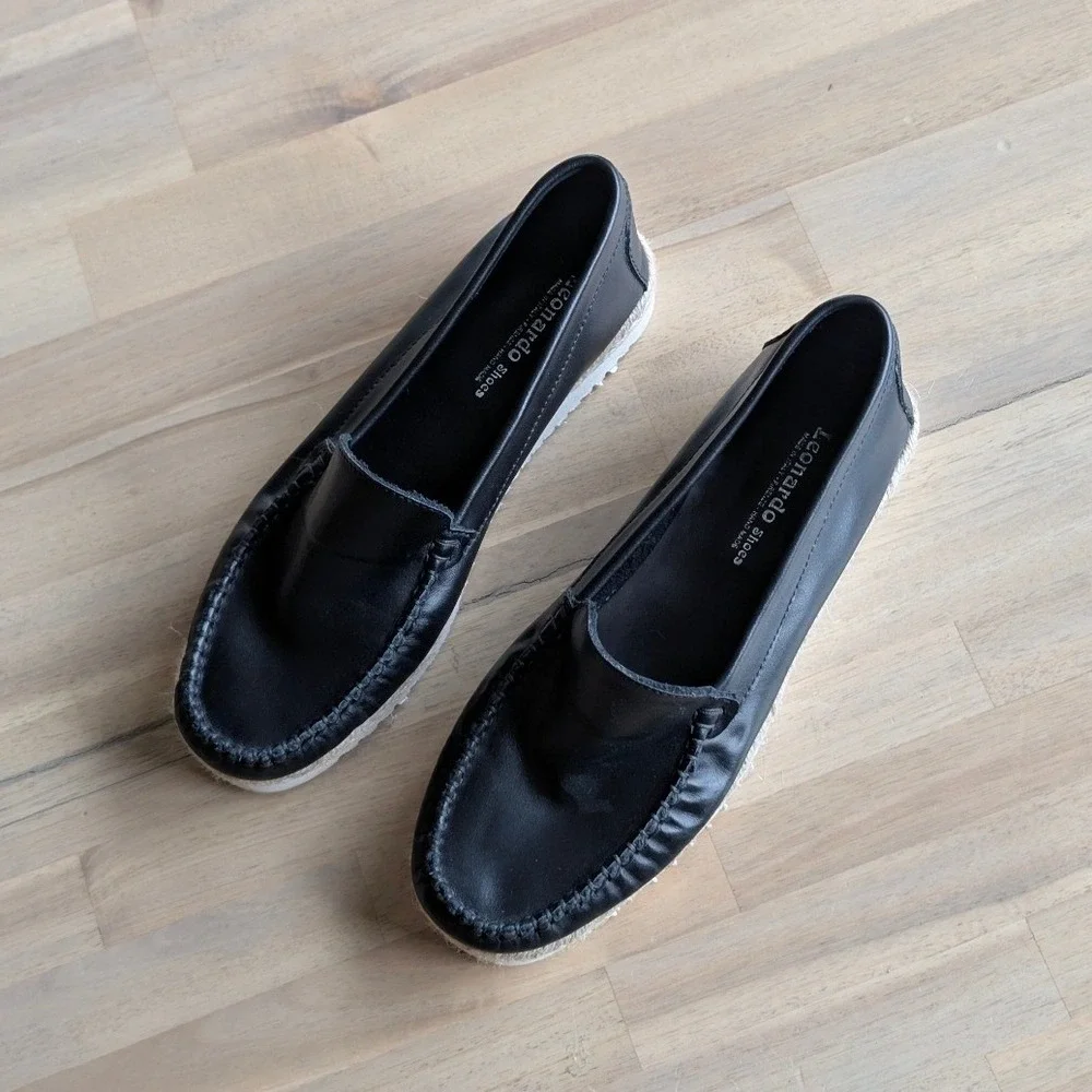 Leonardo Black Leather Loafers‎ Made in Italy Womens Size 38 US 8